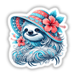 Vibrant digital artwork of a sloth wearing a colorful summer beach hat with a hibiscus flower, surrounded by intricate floral patterns.