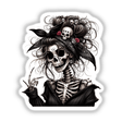 Social Skeleton Zombie Mama illustrated in a black and white sketch featuring a skeleton with a bandana, skulls, and skeletal hand elements. Available as stickers or digital artwork from Decal Venue.