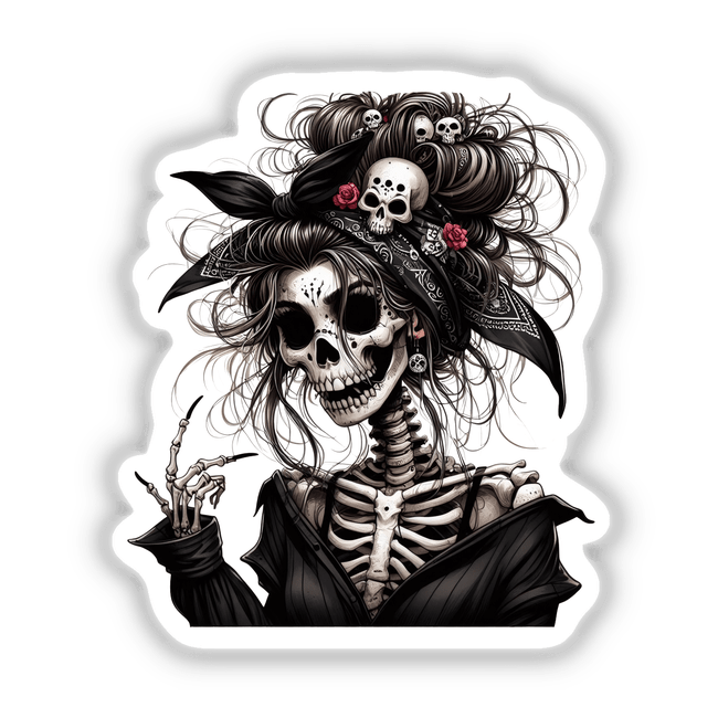 Social Skeleton Zombie Mama illustrated in a black and white sketch featuring a skeleton with a bandana, skulls, and skeletal hand elements. Available as stickers or digital artwork from Decal Venue.