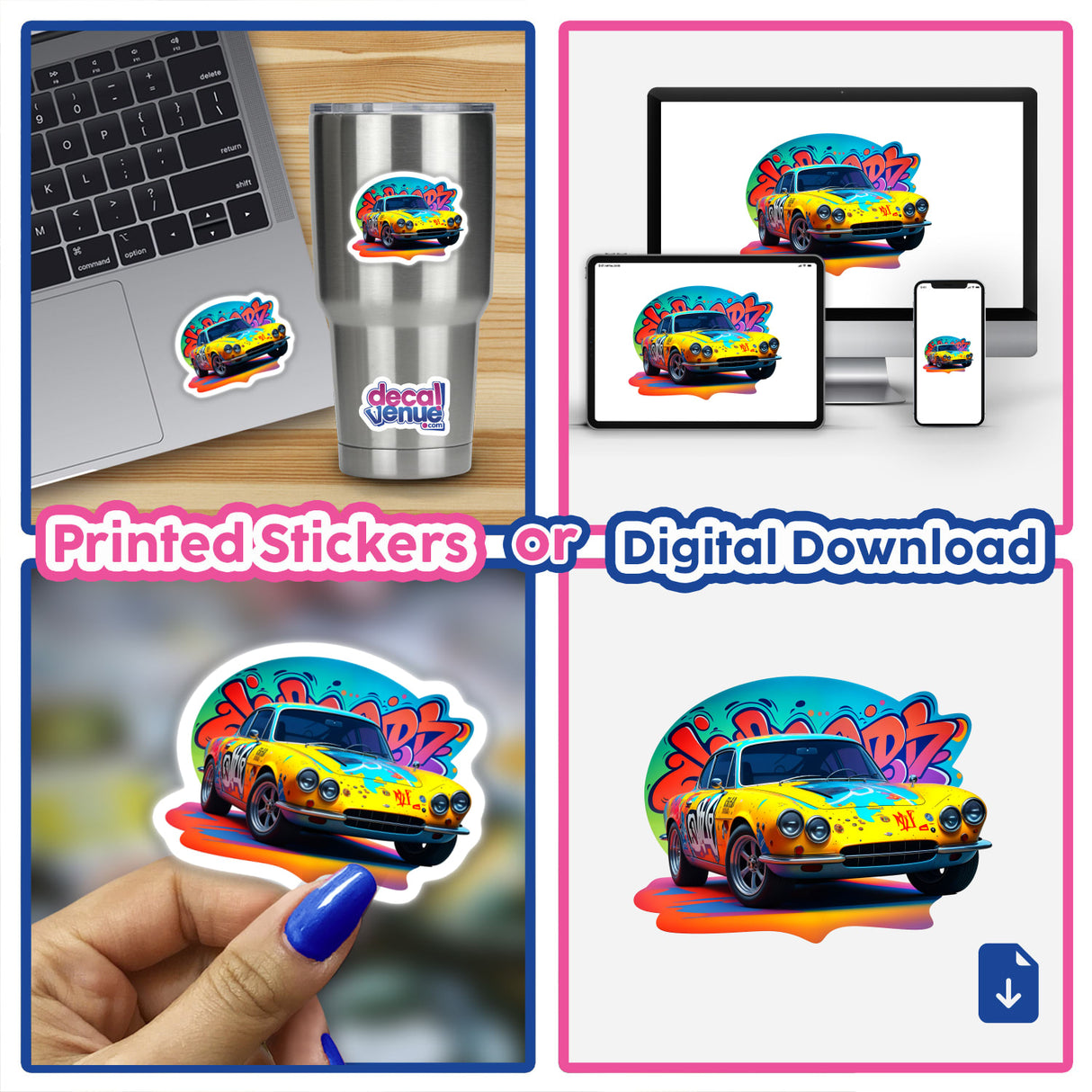 Collage featuring A Classic Graffiti Car sticker on laptops, showcasing vibrant urban art style available as stickers or digital artwork.