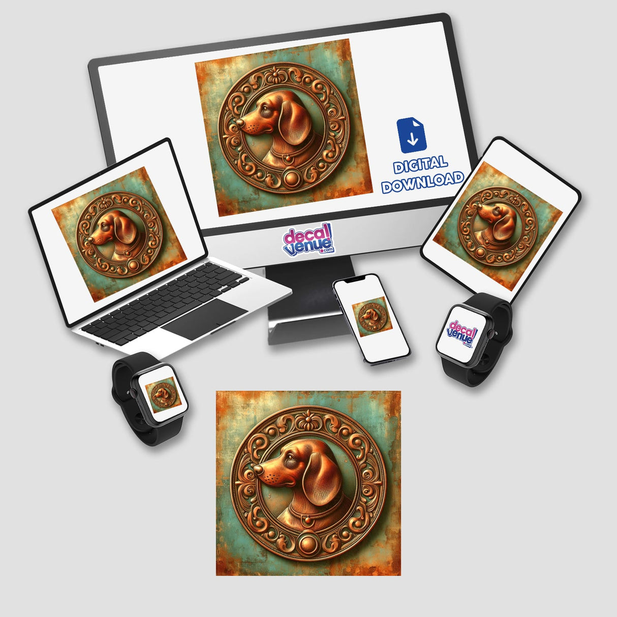 Dachshund Medallion - Vibrant digital art featuring a cute dachshund dog surrounded by a decorative circular frame, showcased across multiple digital devices.