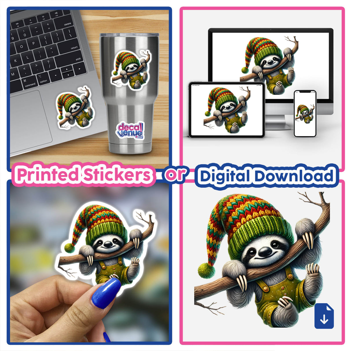 Cute sloth gnome holding tree branch digital artwork, available as printed stickers or digital download from DecalVenue online store.