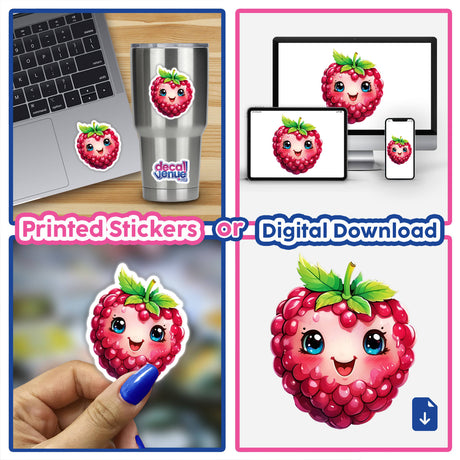 Smiling Raspberry Delight: a collage featuring cartoon raspberries with faces, seen as stickers on a laptop and close-ups of fingernails adorned with raspberry decals.