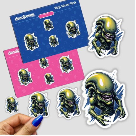 A Cool Xenomorph Alien Warrior sticker pack featuring various cartoonish alien designs with sharp teeth, available as both vinyl stickers and digital artwork from Decal Venue.