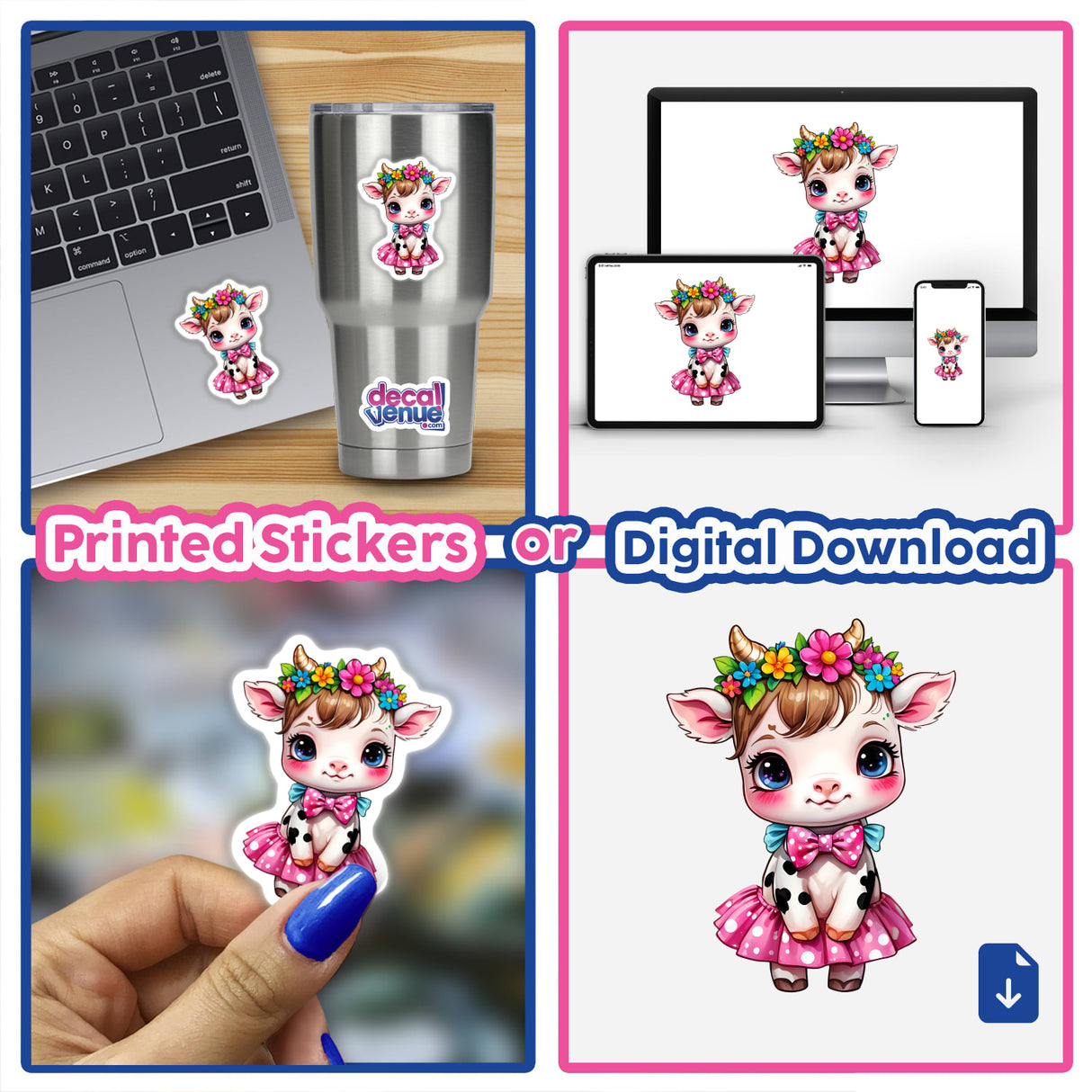 Chibi Cow Cutie: Pink Polka Dot Dress sticker, featuring a cartoon cow wearing a pink skirt and flower crown.