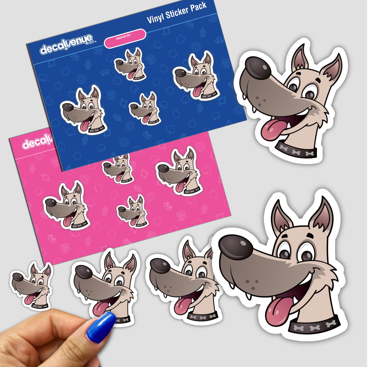 Happy Dog sticker pack featuring cartoon dogs with playful expressions, including a dog with its tongue out. Available as a pack or individual stickers, perfect for adding whimsical charm.