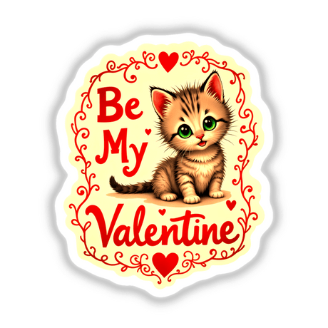 Cartoon kitten with a heart, titled Be My Valentine Valentine's Day Kitten, available as stickers or digital artwork from Decal Venue.