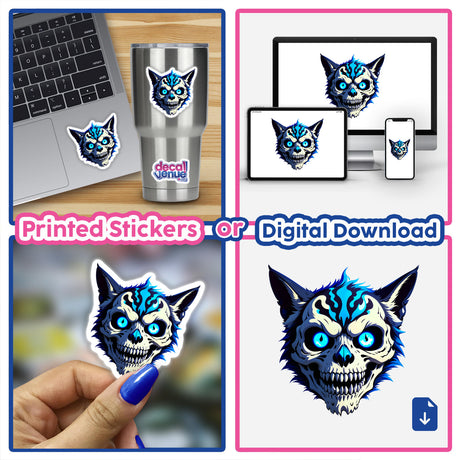 A collage featuring A Cool Undead Cat Skull sticker on a laptop, showcasing a cartoon skull design with blue eyes, available as stickers or digital artwork from Decal Venue.