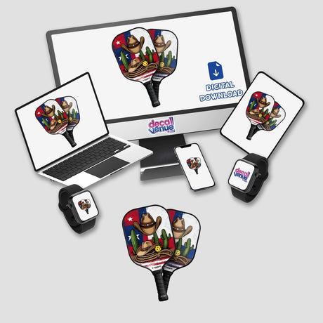 Pickleball Paddles Texas Theme stickers or digital artwork featuring cartoon cowboy hats and cactuses displayed on a computer monitor and laptop, perfect for unique decoration or digital use.