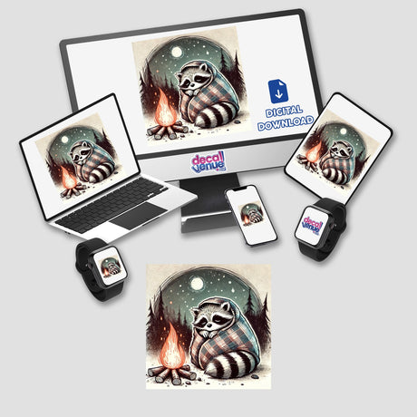 Sleepy Raccoon by the Campfire: A computer monitor and laptop display a cartoon raccoon wrapped in a blanket near a campfire, available as stickers or digital artwork.