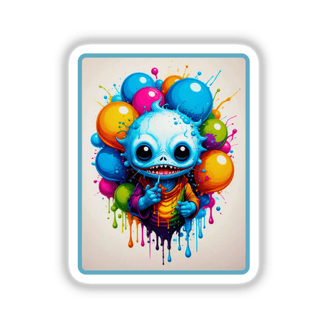 Splash Art Alien Invasion: Party Guy features a cartoon character surrounded by colorful balloons, available as stickers or digital artwork, embodying Decal Venue's unique artistic flair.