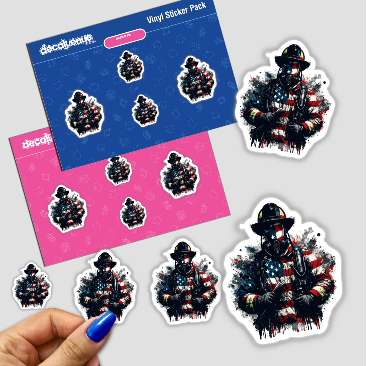 Vinyl sticker pack featuring firefighter-themed digital artwork with American flag splatter pattern, showcasing various firefighter silhouette designs against a vibrant pink and blue background.