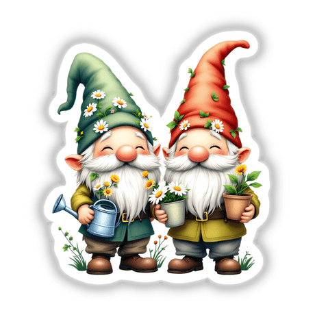 Cheerful Garden Gnomes with Flower-Adorned Hats, featuring two cartoon gnomes holding flowers and watering cans, ideal for vibrant stickers or digital art, embodying whimsical charm and playful joy.