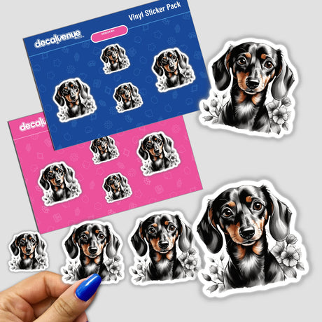 Dachshund Dog Portrait Floral Accents PA14: Stickers featuring detailed Dachshund illustrations with floral designs, available as stickers or digital artwork.