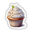 Creamy frosted cupcake with sprinkled toppings and a green leaf garnish, featured as a digital artwork on a transparent background.