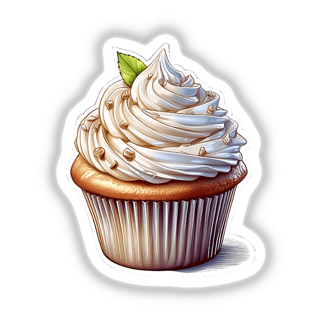 Creamy frosted cupcake with sprinkled toppings and a green leaf garnish, featured as a digital artwork on a transparent background.