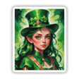 A Cute St. Patrick's Day Girl cartoon featuring a smiling woman in a green hat and dress, designed for festive stickers and digital artwork.