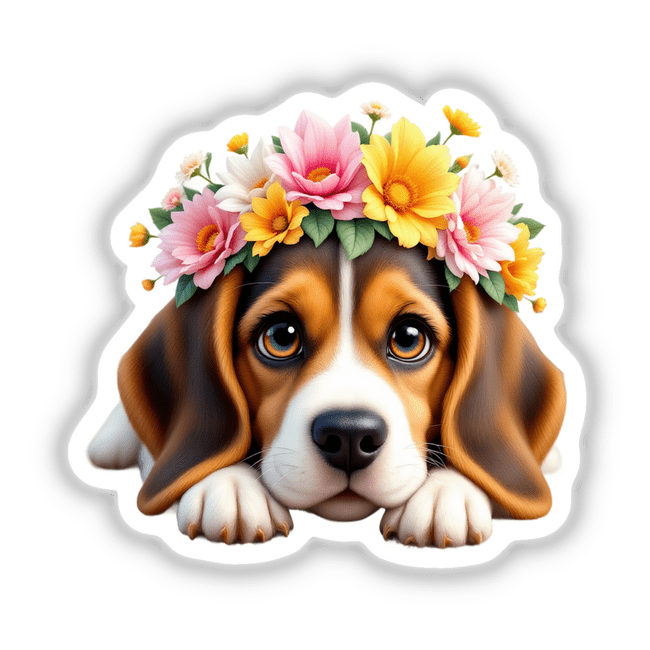 Curious Beagle Adorned with a Spring Flower Crown