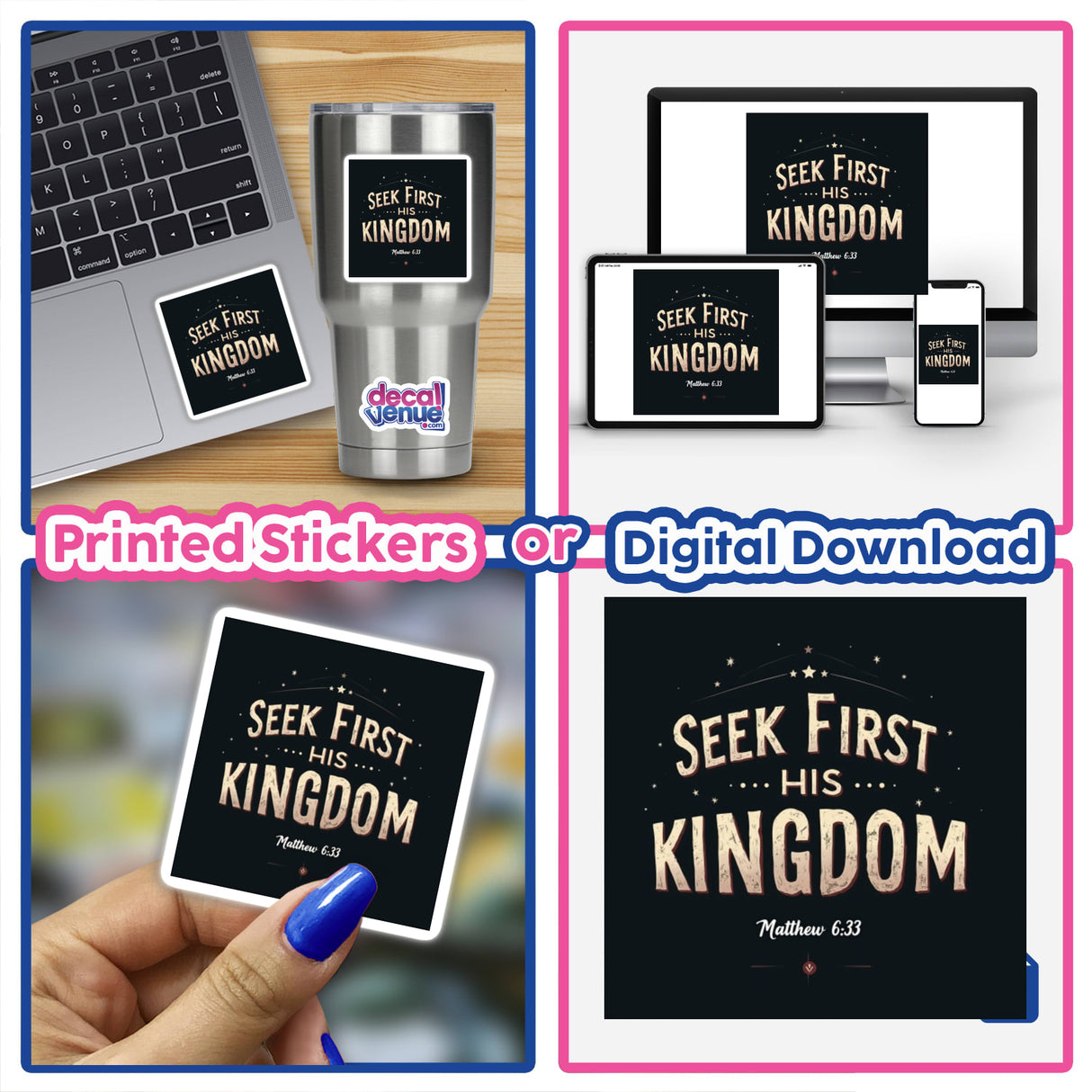 Seek First His Kingdom – Inspired by Matthew 6:33, a collage of uplifting Christian affirmation stickers and digital clipart on a laptop, highlighting unique designs available with commercial rights.