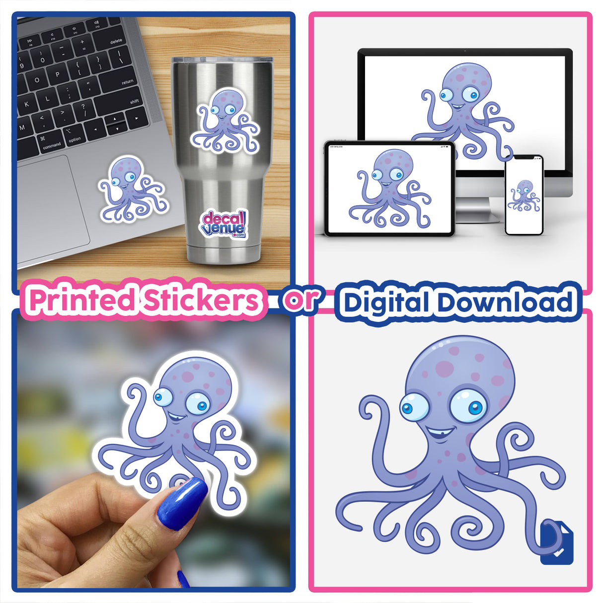 Silly Octopus stickers displayed on a laptop, cup, and held by a person. The collage features cartoon octopus designs, showcasing the playful and unique sticker collection from Decal Venue.