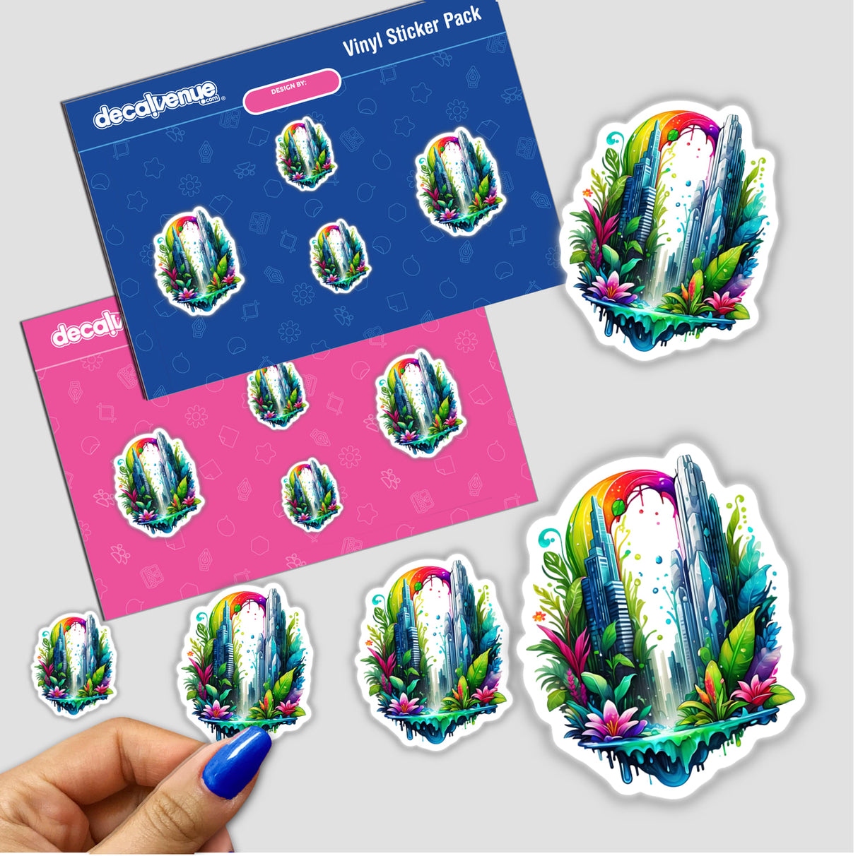 Urban Jungle Skyscrapers Sticker featuring green plants and modern design, available as individual stickers or in a pack with colorful city scenes, flowers, and rainbows.