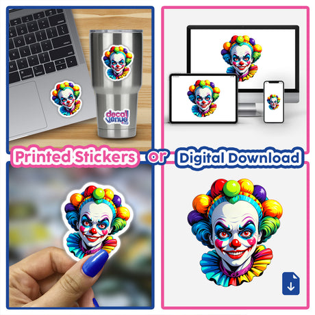 A Crazy Clown Girl sticker collage featuring various placements, including a laptop and cup, showcasing a cartoon clown with vibrant hair. Available as stickers or digital artwork.