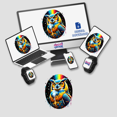 A Cool And Colorful Owl displayed on a computer monitor and laptop screen, available as stickers or digital artwork, emphasizing vivid owl designs from Decal Venue's unique collection.