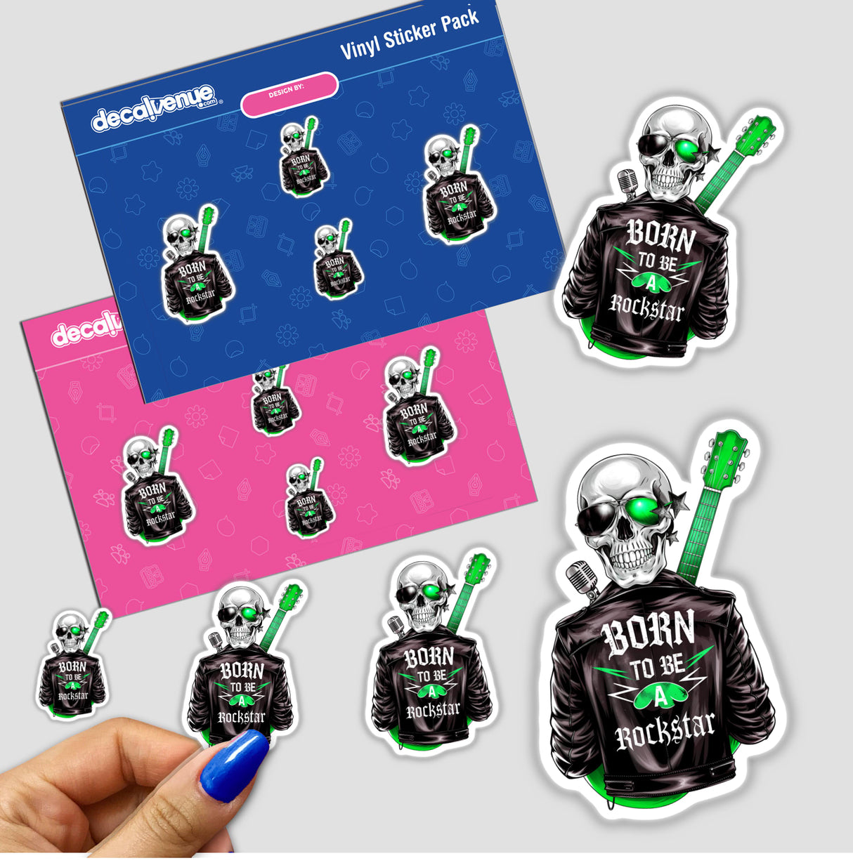 Born To Be A Rockstar sticker pack featuring skulls with guitars and microphones, capturing a vibrant rockstar theme. Available as stickers or digital artwork from Decal Venue.