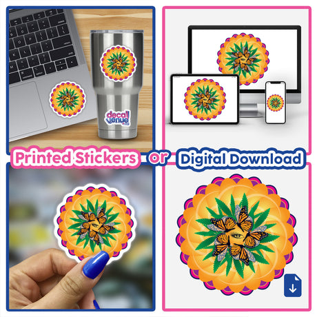 Colorful floral digital artwork with butterflies, displayed on various digital devices and as a physical sticker. The image showcases the product's versatility as both a printed sticker and a downloadable digital design, highlighting the artistic and creative nature of the "Eye of the Beholder" product from the Decal Venue store.