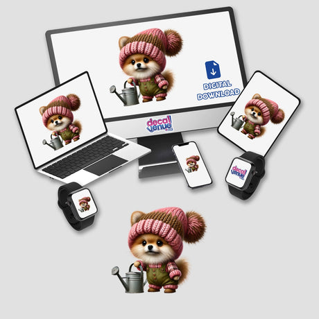 Cute Pomeranian gnome holding a watering can, featured on various digital devices for Decal Venue's sticker and digital art products.