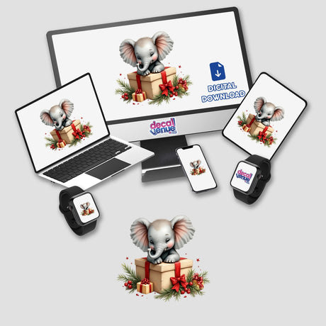 Baby Elephant in Christmas Present Box design displayed on a computer monitor and laptop, highlighting an adorable cartoon elephant in festive decor—ideal for stickers or digital downloads.