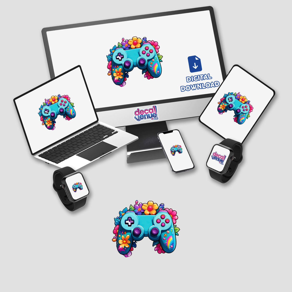 Gaming Vibes: Rainbow Floral Splash Controller Sticker displayed on various devices, highlighting its versatility and vibrant design, perfect for adding flair to laptops, monitors, and tablets.