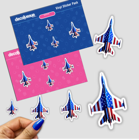 A Cool American Flag Fighter Jet sticker featuring a jet adorned with stars and stripes, capturing patriotic themes, available as a sticker or digital artwork from Decal Venue.