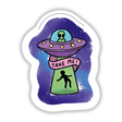 Cartoon alien in a UFO with a Take Me sign, available as a sticker or digital artwork, reflecting Decal Venue's unique vinyl sticker collection.