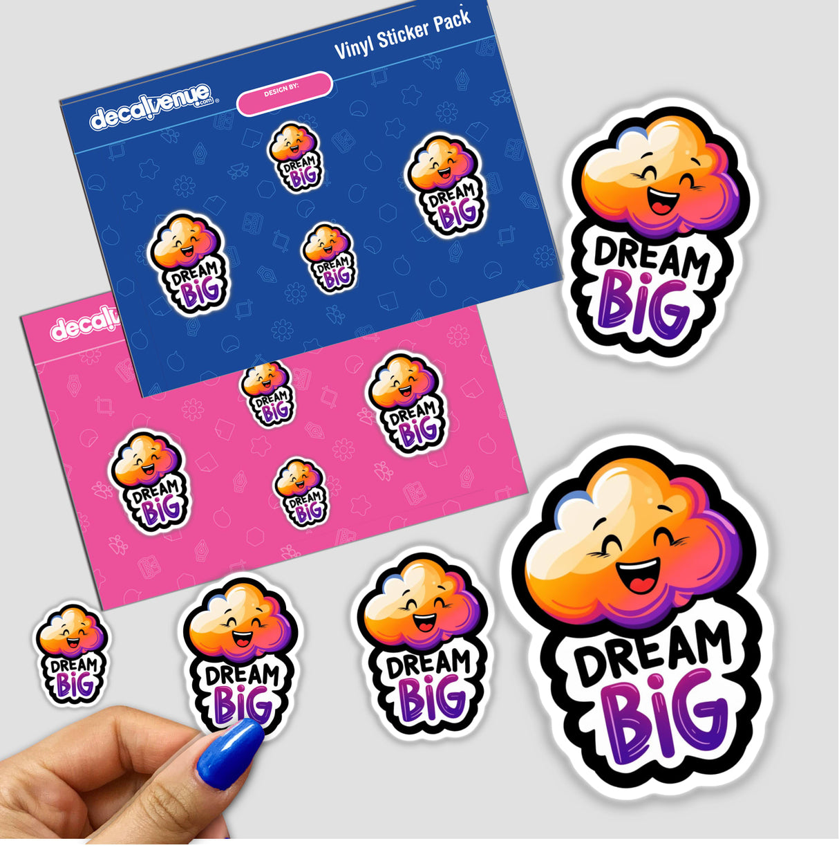 Dream Big Quote with Smiling Gradient Cloud sticker pack featuring cartoon clouds and characters, ideal for personalization. Available as physical stickers or digital artwork.