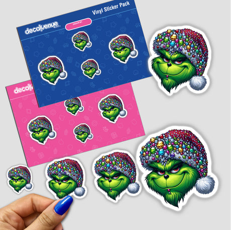 Bling Green Grouch Christmas Santa II stickers featuring a cartoon character with a jeweled hat, part of Decal Venue's unique collection of stickers and digital art.