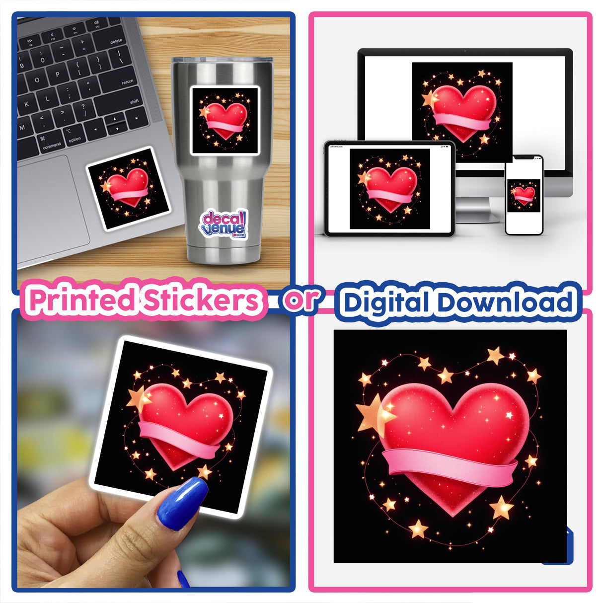 Red Heart with Pink Ribbon and Fairy Lights sticker collage, featuring a heart design with pink ribbon and star accents, shown on items like a laptop and cup. Available as stickers or digital artwork.