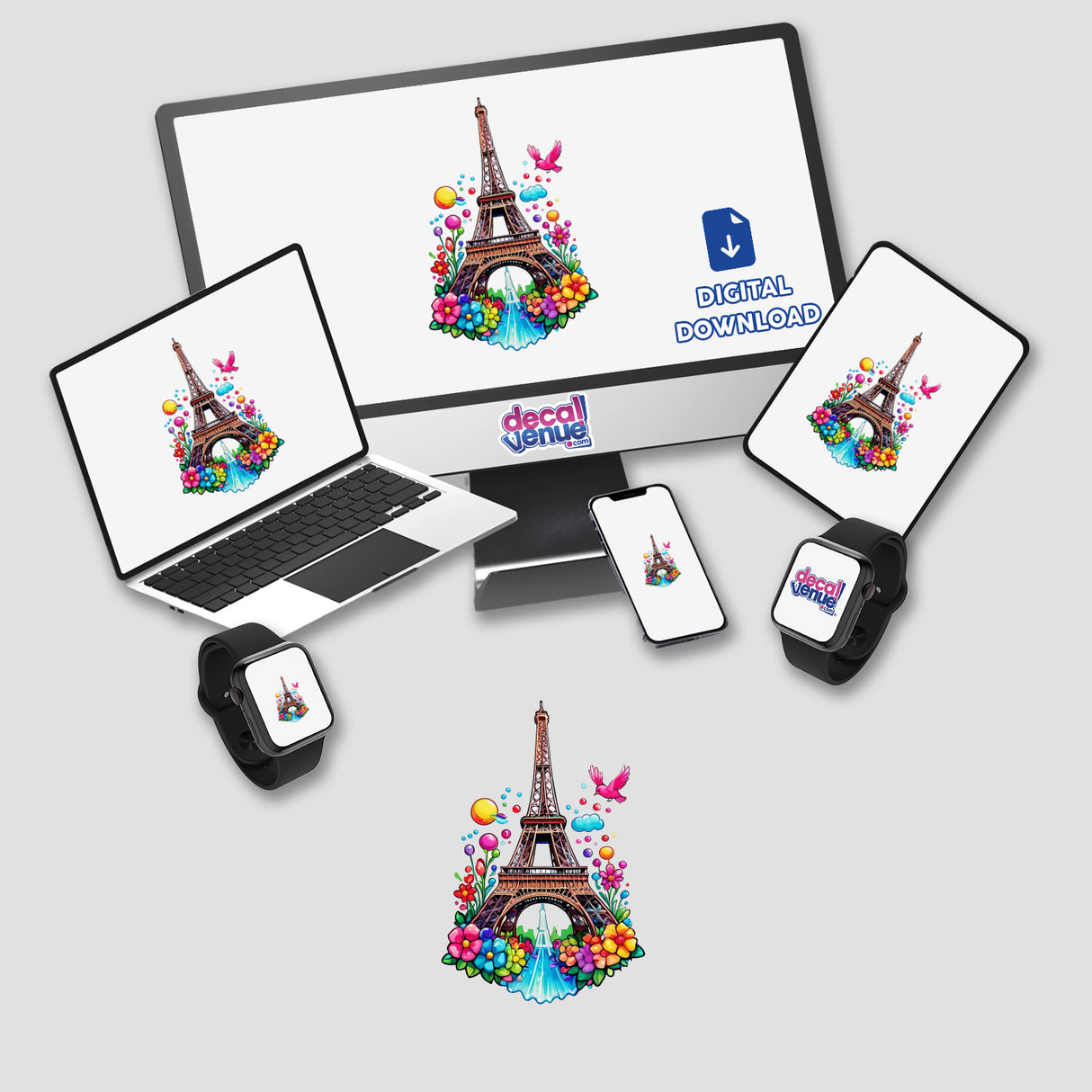 Eiffel Tower in Paris: Floral Splash Design depicted on a computer monitor and laptop, showcasing vibrant flowers and birds, available as stickers or digital artwork from Decal Venue.