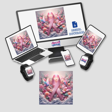 Breast Cancer Silver Series 6: A computer monitor, laptop, and various devices display a pink ribbon, available as stickers or digital artwork from Decal Venue.