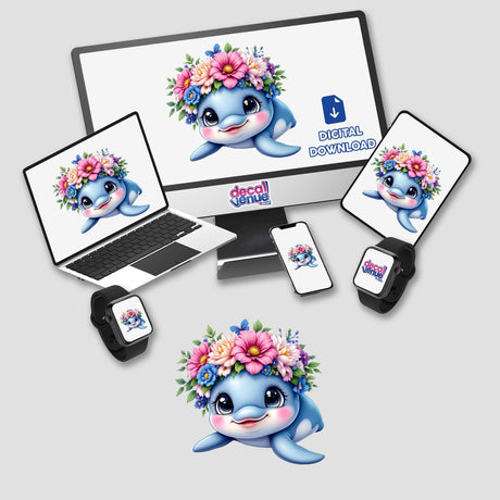 Happy Dolphin with a Flower Crown shown on a computer and laptop screen, featured as a digital artwork and sticker option.