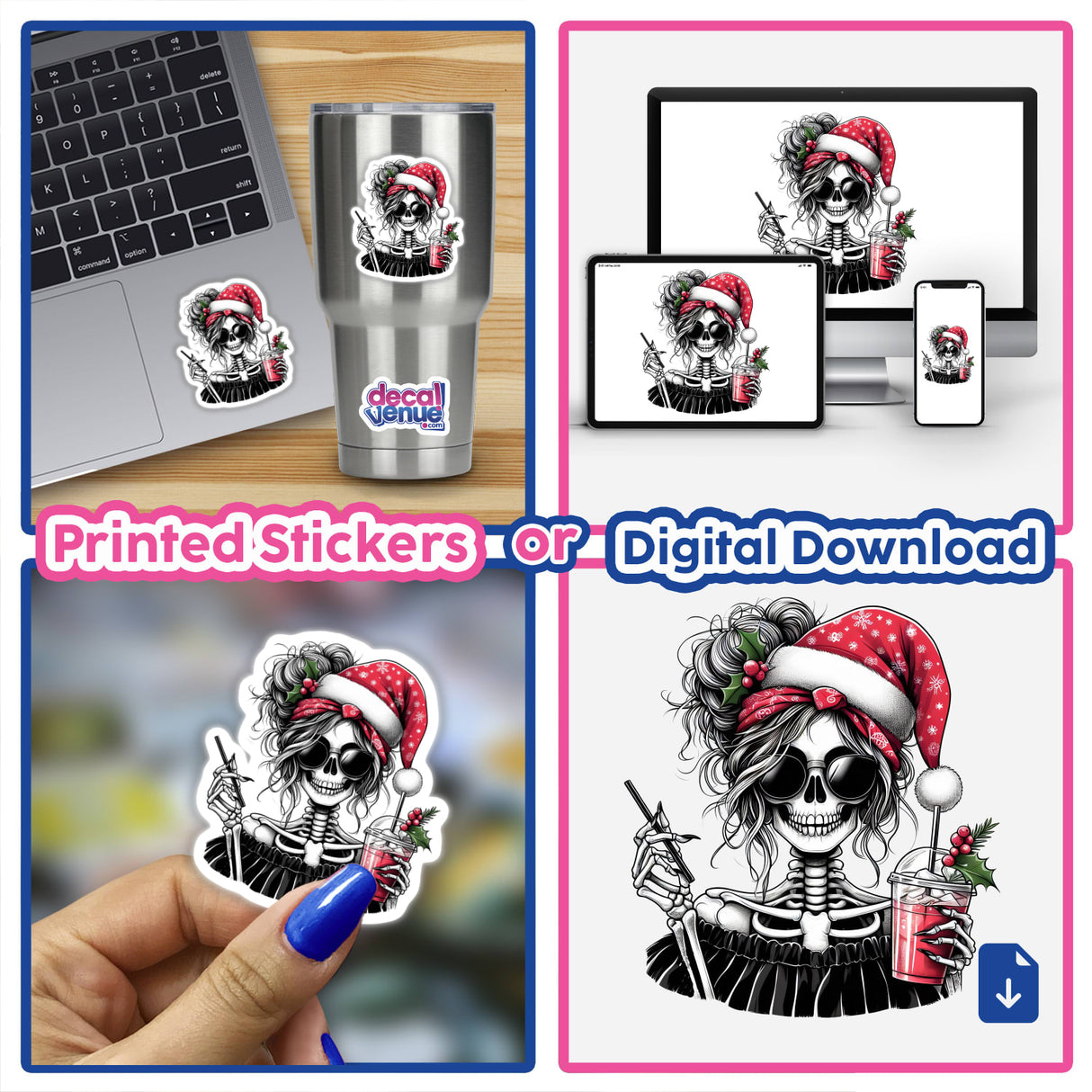 Christmas Santa Skeleton Mama collage featuring a skeleton in a Santa hat and sunglasses holding a drink, shown on various items like cups, laptops, and phones. Available as Stickers or Digital Artwork.