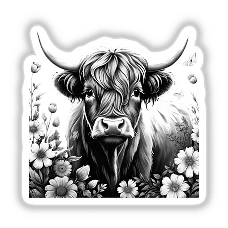 Highland Cow Floral Accents PA05: Black and white drawing of a cow adorned with flowers, available as stickers or digital artwork from Decal Venue.