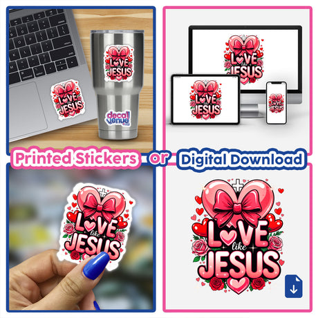 Collage featuring Love Like Jesus Valentine Hearts stickers and digital download, showcasing a laptop, phone, and cup adorned with heart-themed decals, emphasizing unique sticker artistry from Decal Venue.