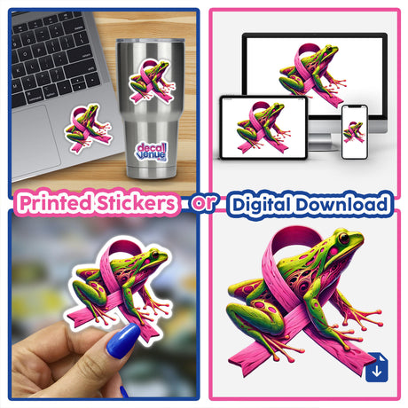 Sticker: Frog Pink Ribbon Breast Cancer - Close-up of a frog with a pink ribbon sticker, designed for laptops, cups, and more. Available as stickers or digital artwork.