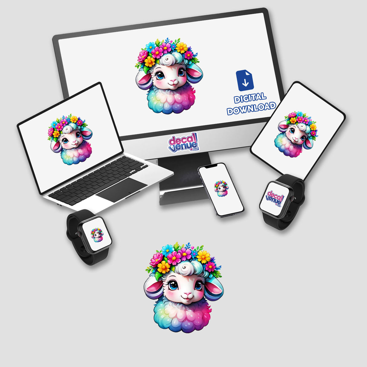 Floral Crown Sheep: Rainbow Colors Sticker displayed on a computer monitor, laptop, cell phone, and smartwatch, featuring a cartoon sheep with flowers on its head.