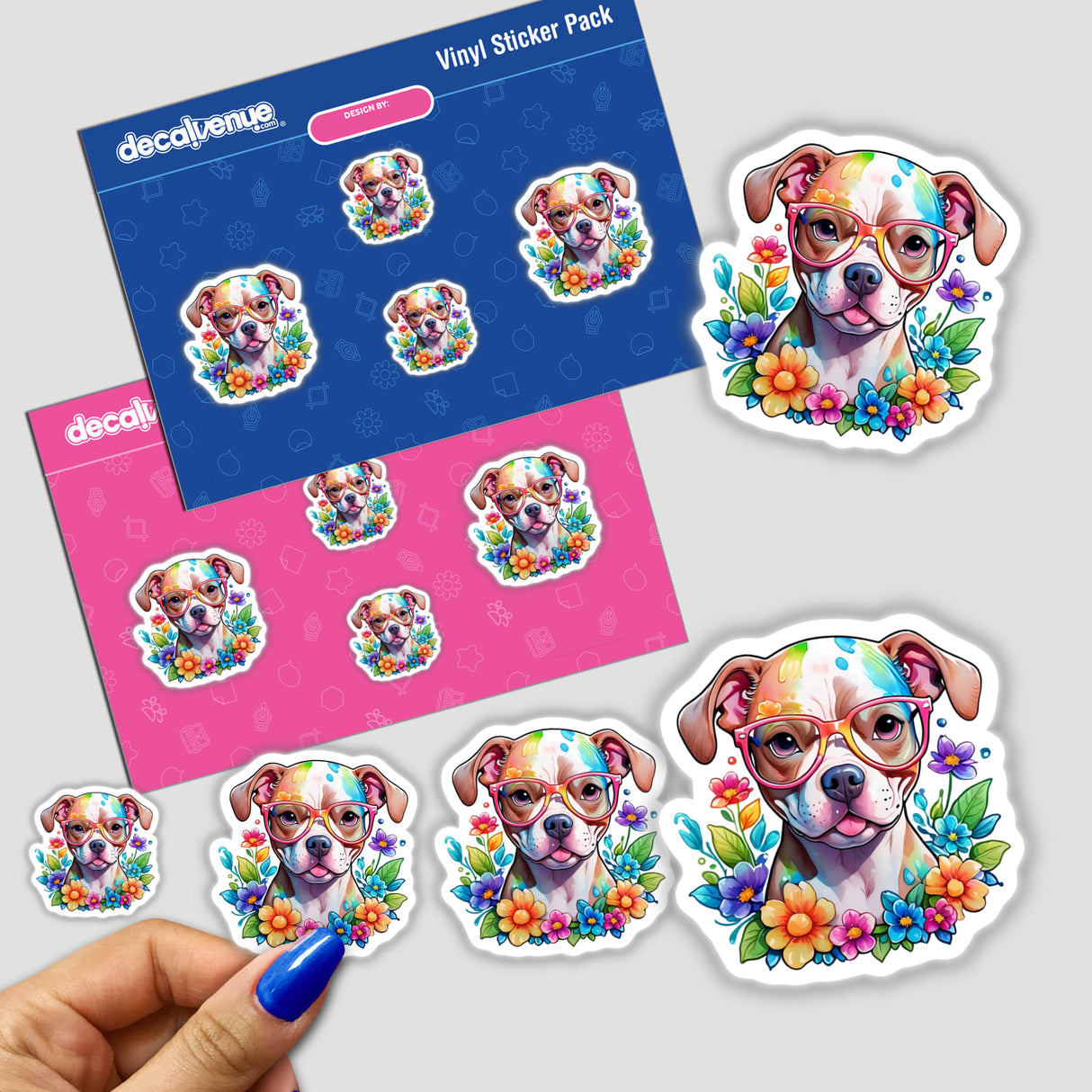 Sticker of a baby pitbull wearing reading glasses with flowers, available as a sticker or digital artwork.