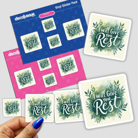 Hand holding the I Will Give You Rest – Exodus 33:14 Christian Sticker or Clipart, showcasing a collection of stickers with text, available as physical stickers or digital artwork.