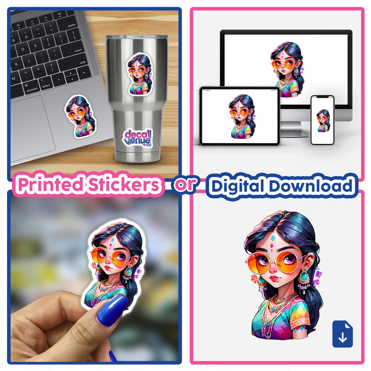 Indian Girl with Colorful Sunglasses: Sticker Illustration featuring a cartoon girl with vibrant glasses, showcased on laptops, cups, and other items, emphasizing versatile use as stickers or digital artwork.