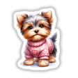 Cute Yorkie Dog with Pink Heart Sweater depicted in a cartoon style; available as stickers or digital artwork.