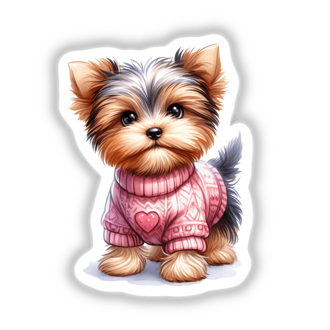 Cute Yorkie Dog with Pink Heart Sweater depicted in a cartoon style; available as stickers or digital artwork.